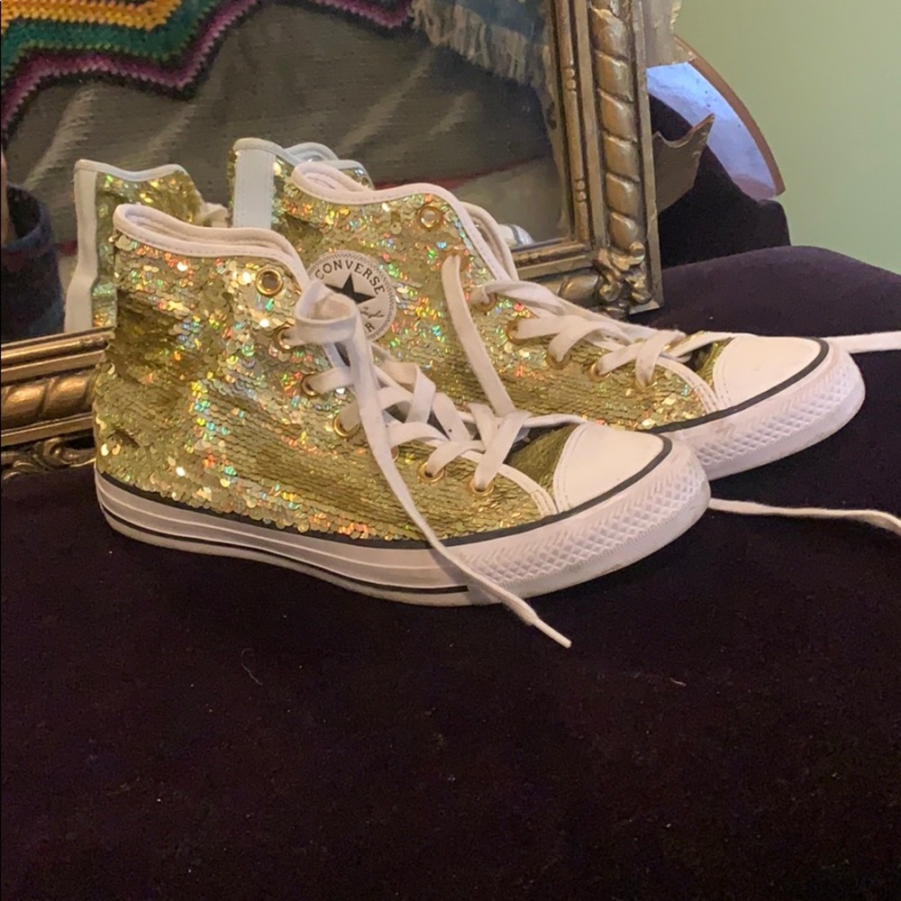 Gold sequined converse high top sneakers